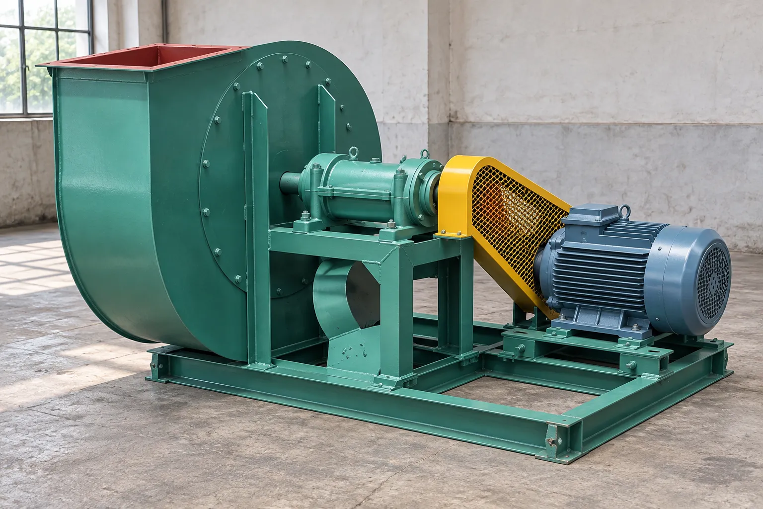 Rear view of a centrifugal fan on a common steel base