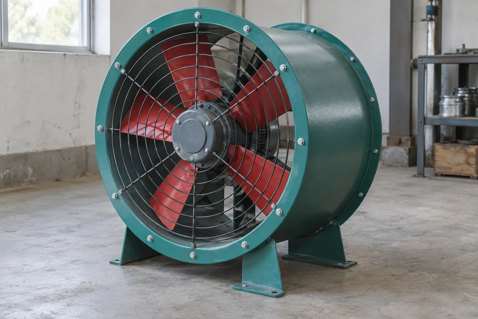 Green cylindrical axial fan with red blades and a protective grille