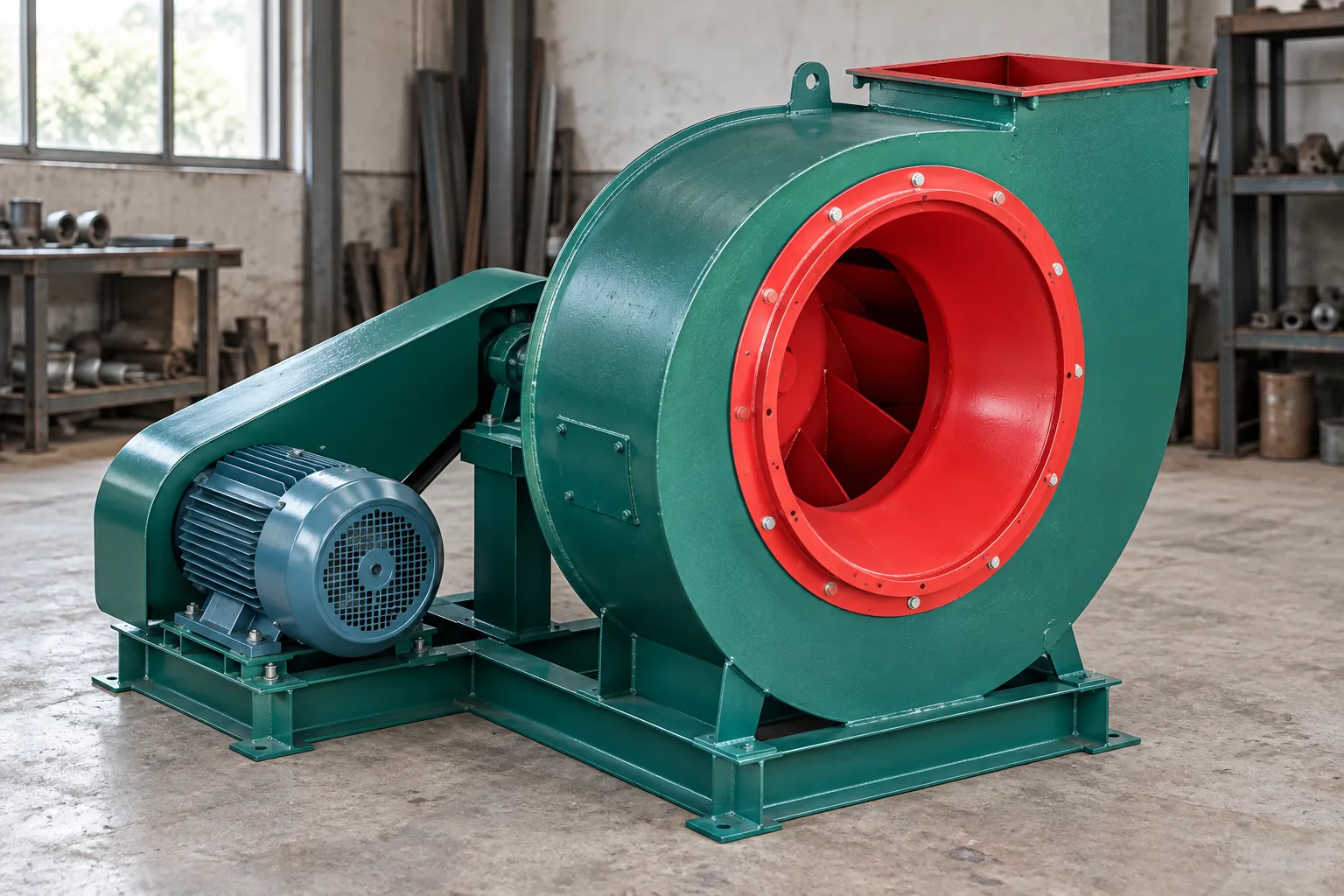 Green centrifugal fan with a red inlet and blue-grey motor