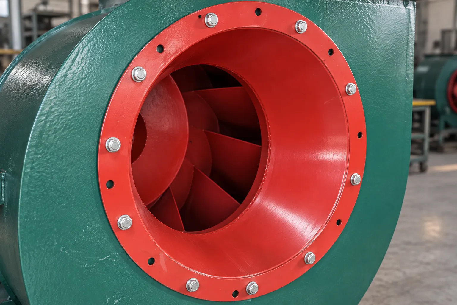 Close-up of a red bellmouth inlet and bolted flange