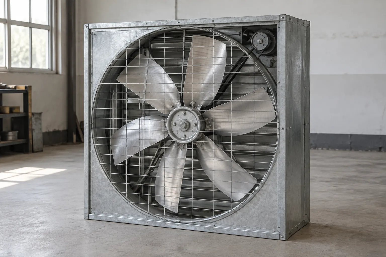 Square negative-pressure fan with a galvanized frame and metal blades